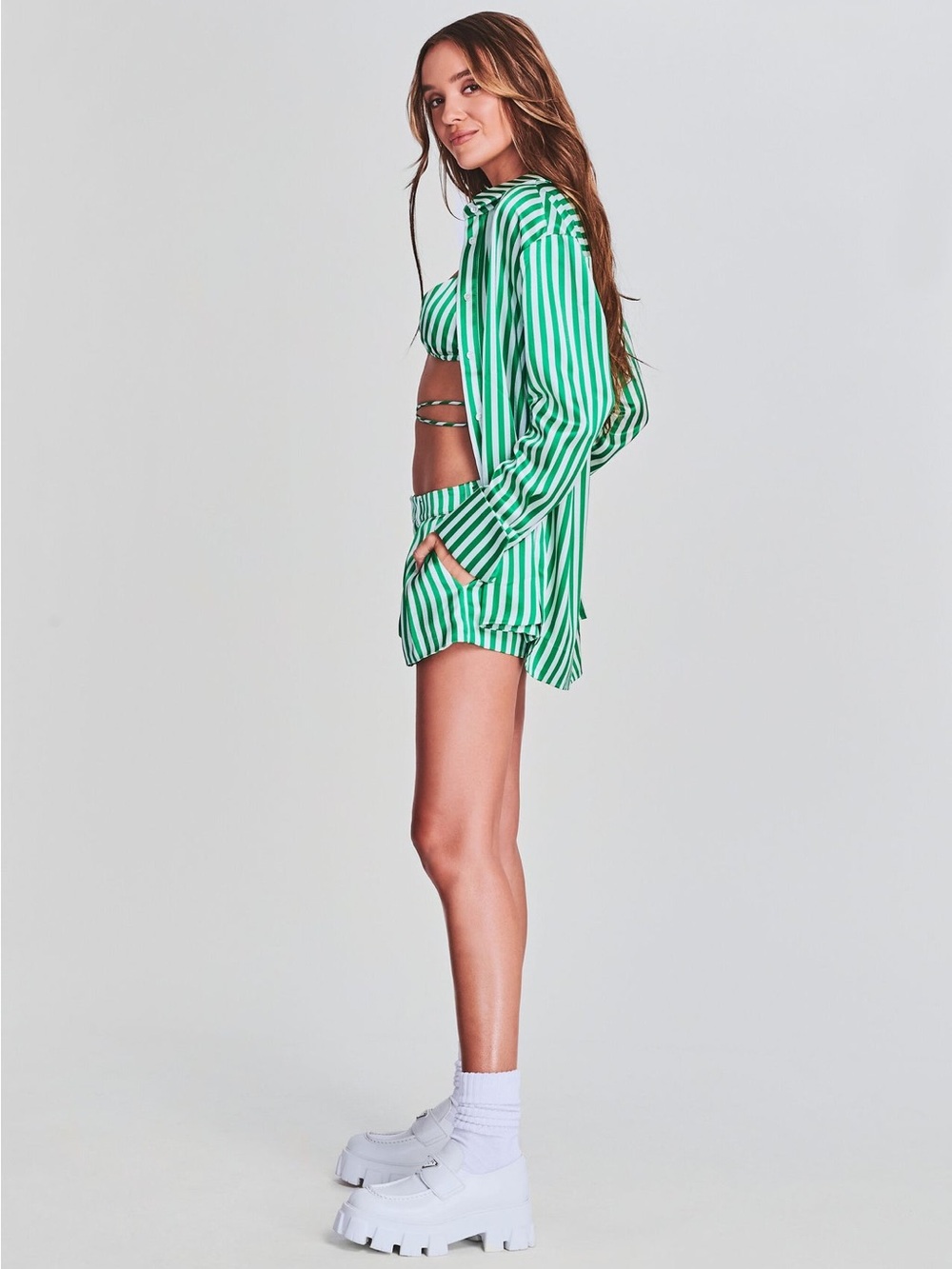 SER.O.YA Zucker Shirt Button Down Green and White Stripes